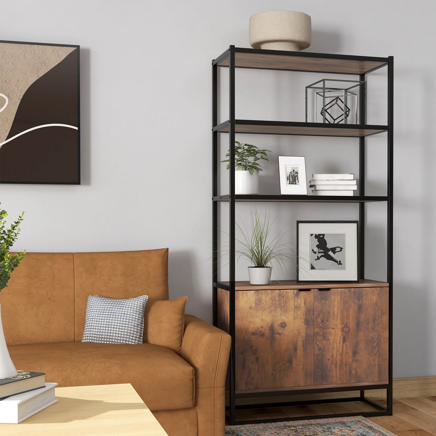 Storage Cabinet with 3 Open Shelves Cupboard Freestanding Tall Organizer Multifunctional Rack for Livingroom Bedroom Kitchen Rustic Brown