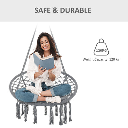 Patio Hammock Chair, Hanging Rope Hammock Swing for Indoor & Outdoor Use with Backrest, Cotton-Polyester Blend, Fringe Tassels, Dark Grey