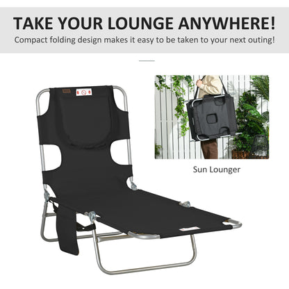 Folding Outdoor Lounge Chair, 5-Level Tanning Chair with Face Hole, Side Pocket, Carry Strap for Beach Pool, Black