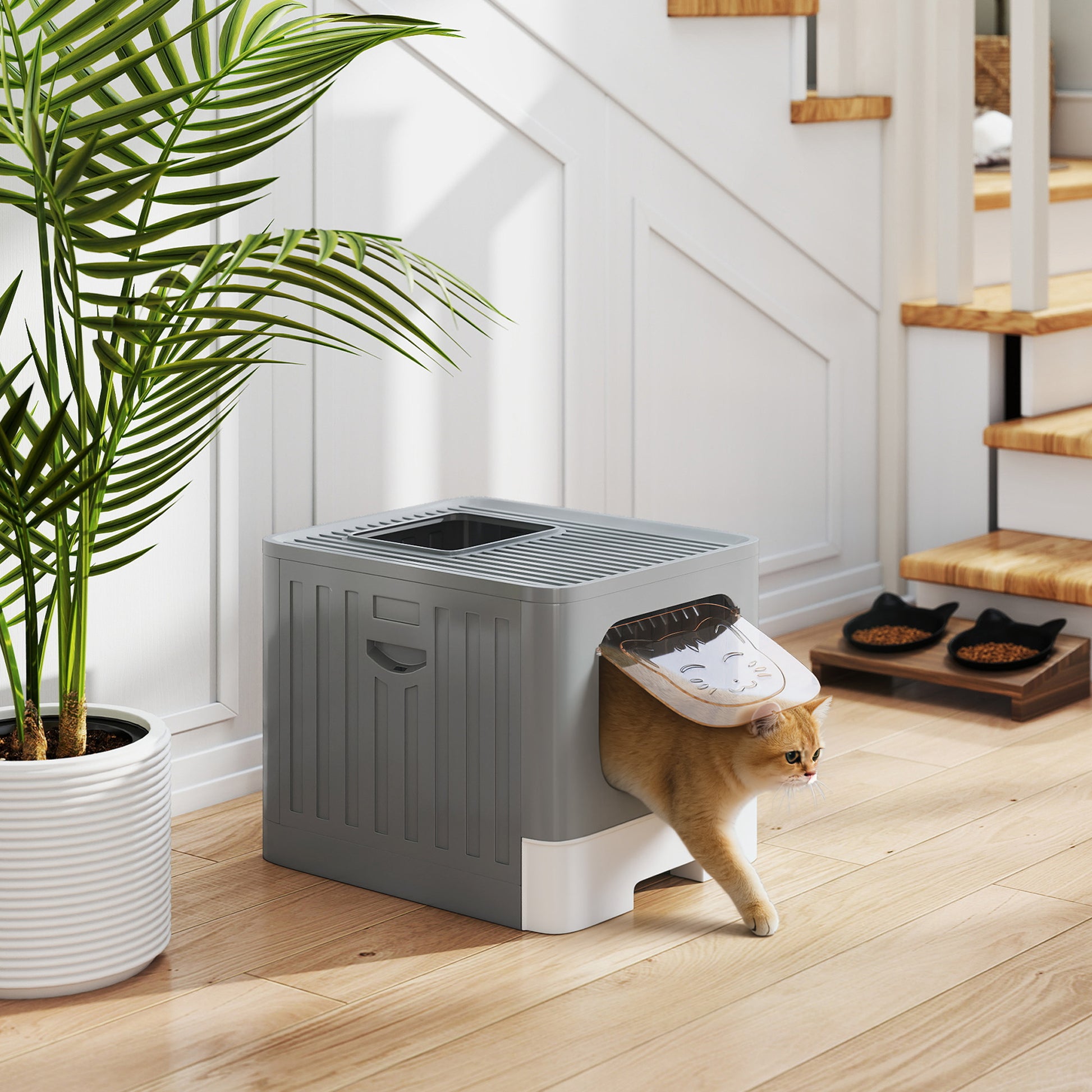 Cat Litter Box with Lid, Slide-Out Drawer, Scoop, Easy Clean, Odour Control, Anti-Splashing, Grey