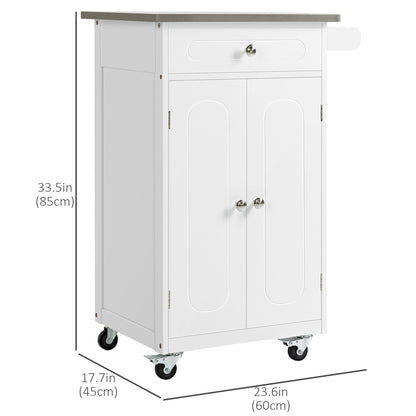 Kitchen Cart, Small Kitchen Island, Stainless Steel Top Utility Trolley on Wheels with Storage Drawer for Dining Room, Kitchen (White)