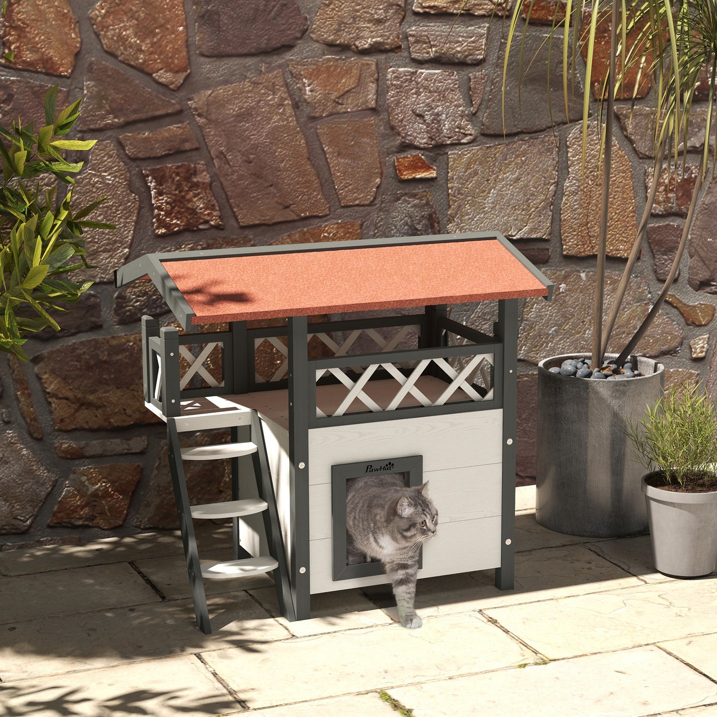 Wooden 2-Story Shelter for Feral Cats with Asphalt Roof, Stairs, Balcony, 30" x 20" x 29", White