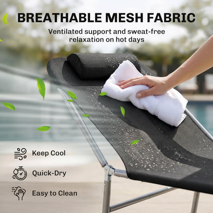 Outdoor Lounge Chair, Portable Adjustable Reclining Seat Folding Chaise Lounge Patio Camping Beach Tanning Chair Bed with Pillow, Black