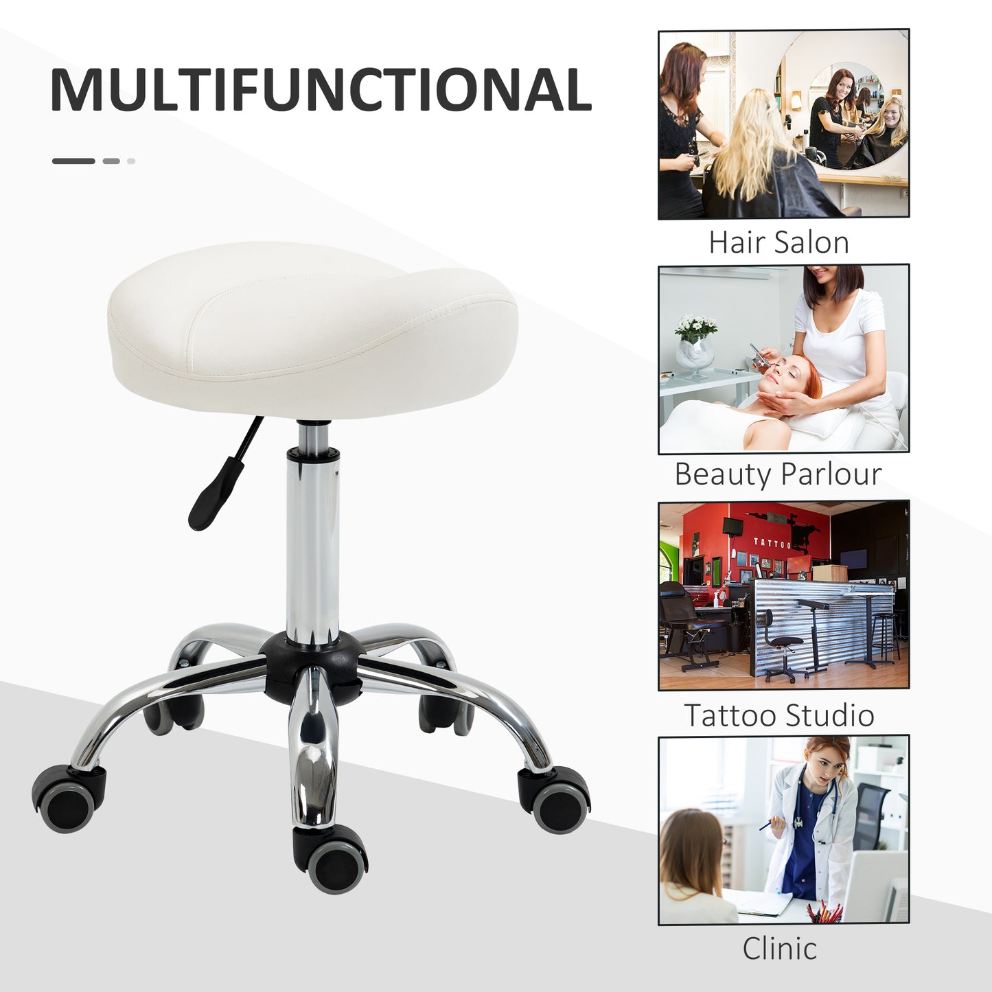 Ergonomic Saddle Stool with Wheels, Adjustable PU Leather Saddle Chair, 360° Swivel, NO Back Pain, Healthy Posture, Salon Chair for Massage Medical Home, White