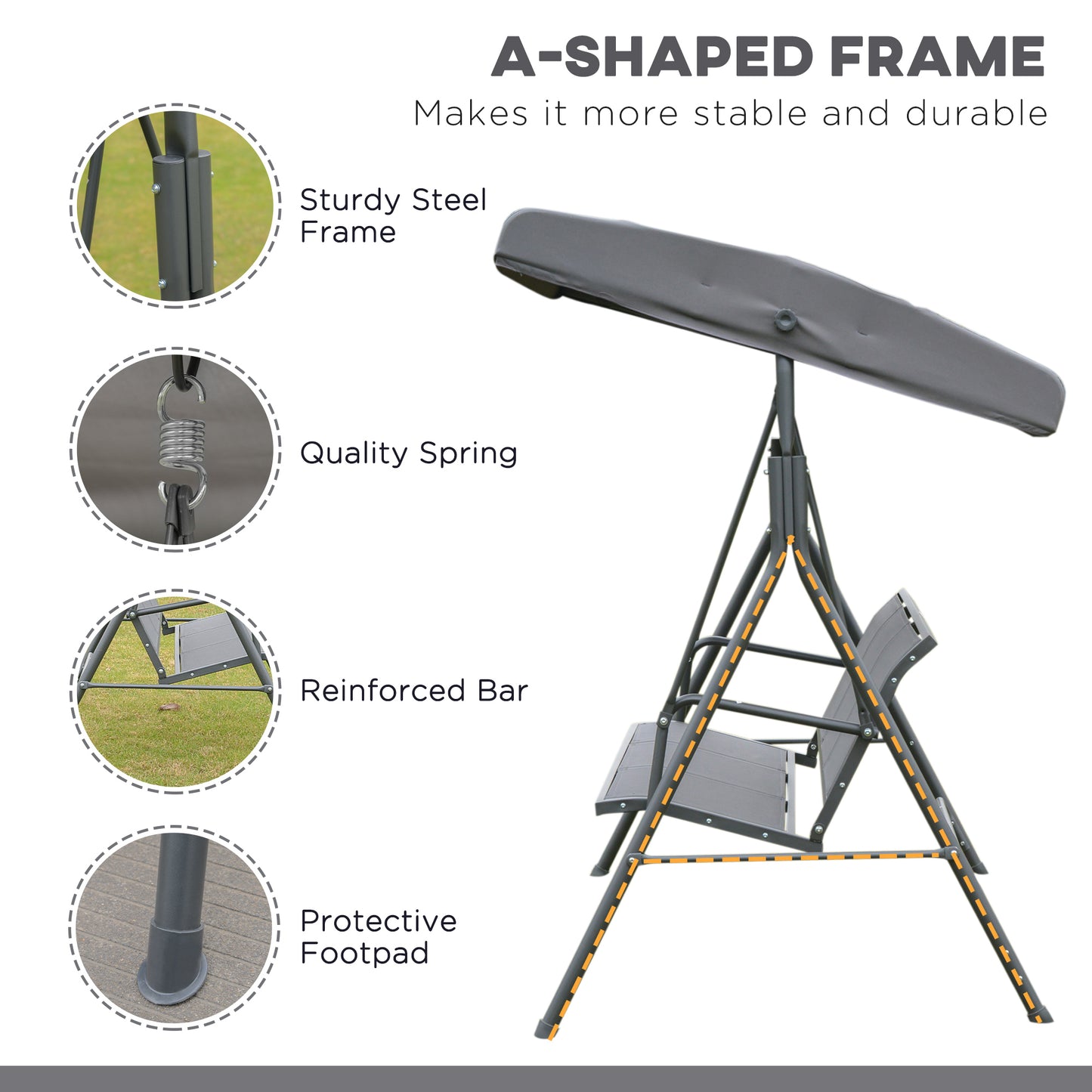 3-Seater Swing Chair Covered Garden Hammock A-Frame Outdoor Porch Glider Sling Seat with Adjustable Canopy Cover, Grey