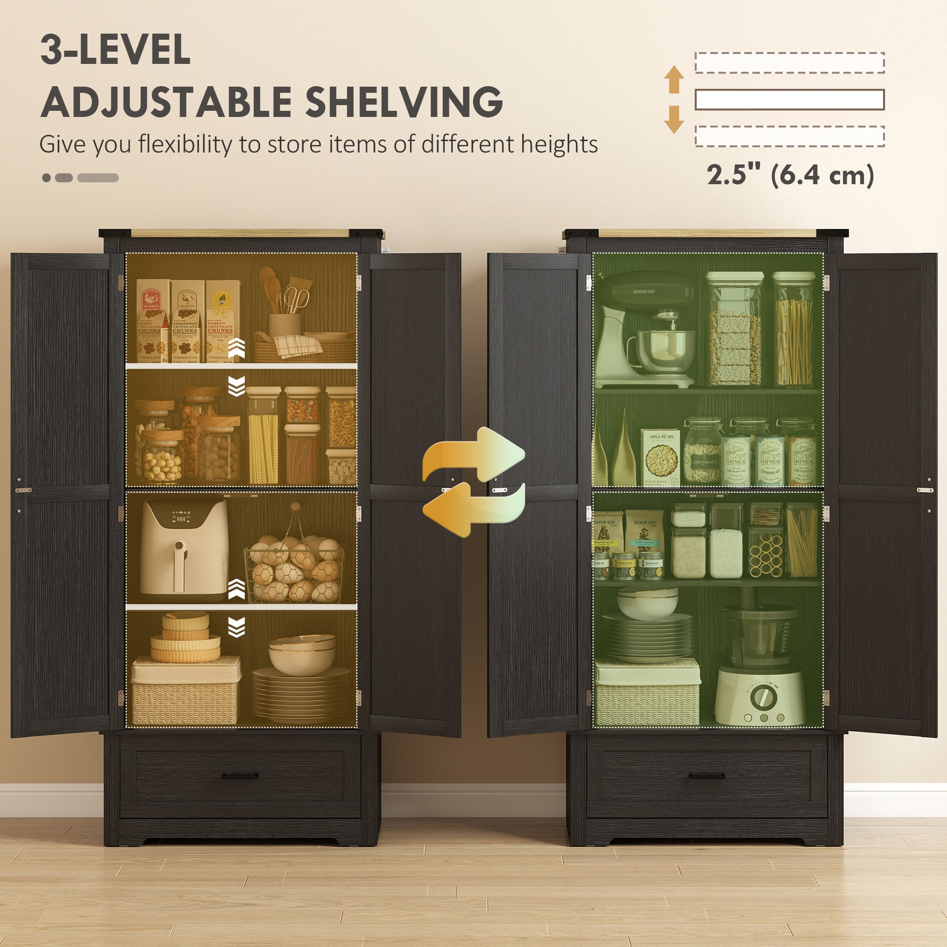 69" Tall Farmhouse Kitchen Pantry Cabinet with 2 Doors, Drawer and Adjustable Shelves, Black and Brown