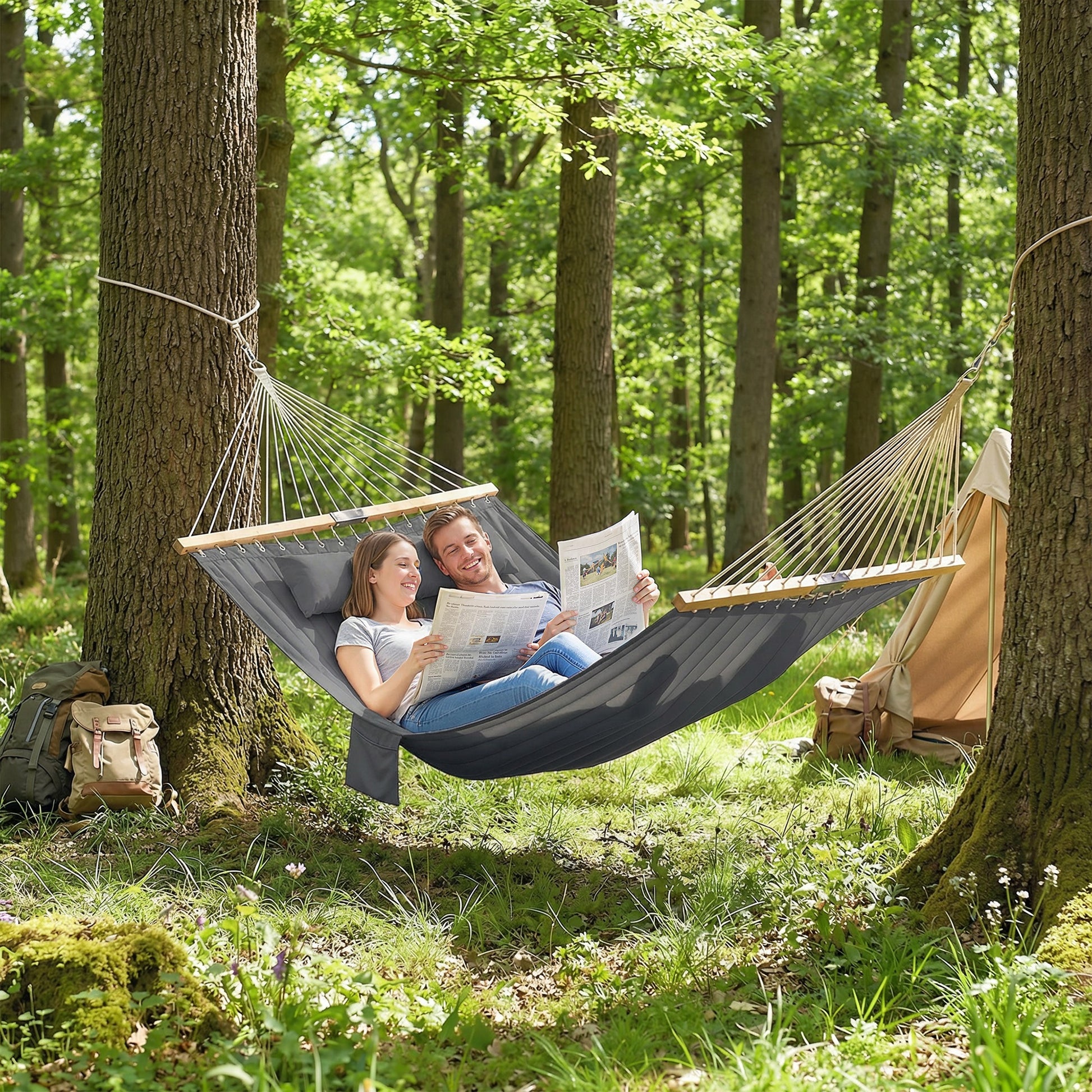 Outdoor Hammock Padded Camping Hammock with Pillow & Spreader Bars 200 x 140 cm Grey