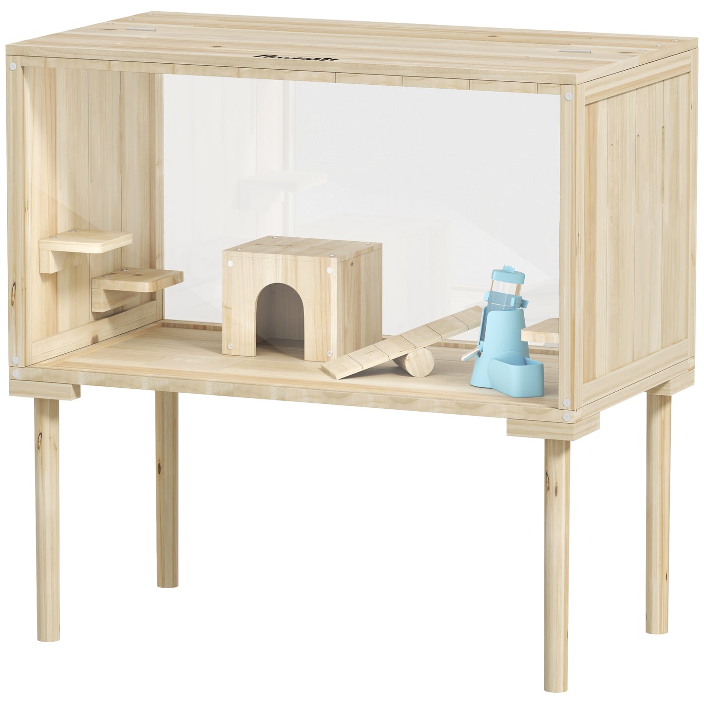 28"L Wooden Hamster Cage with Seesaw, Water Bottle, Food Dish, Hut, Transparent Panel for Easy Observe, Nature Wood