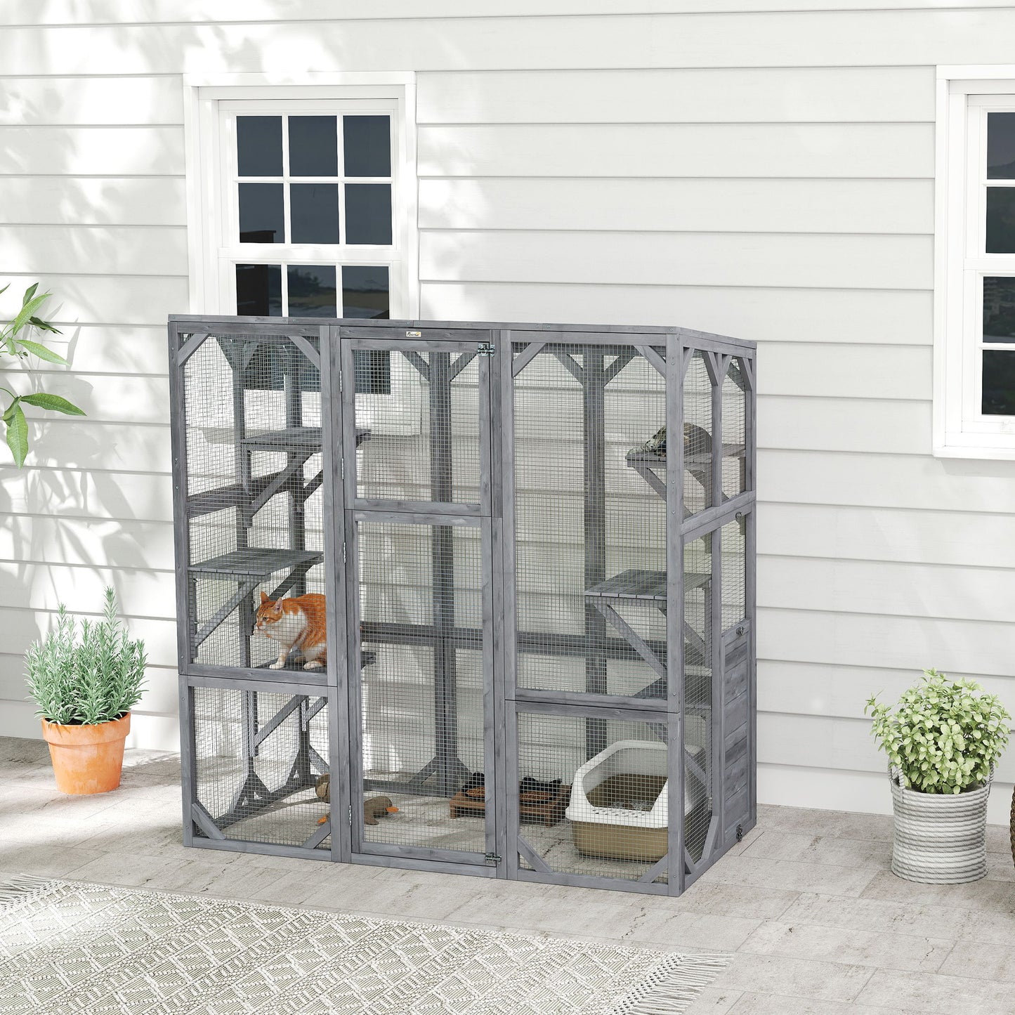 Outdoor Cat Enclosure with 6 Jumping Platforms, Weatherproof Roof, Large Front Door for 1-3 Cats, 59" x 28" x 60", Grey