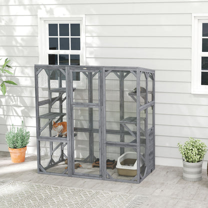 Outdoor Cat Enclosure with 6 Jumping Platforms, Weatherproof Roof, Large Front Door for 1-3 Cats, 59" x 28" x 60", Grey