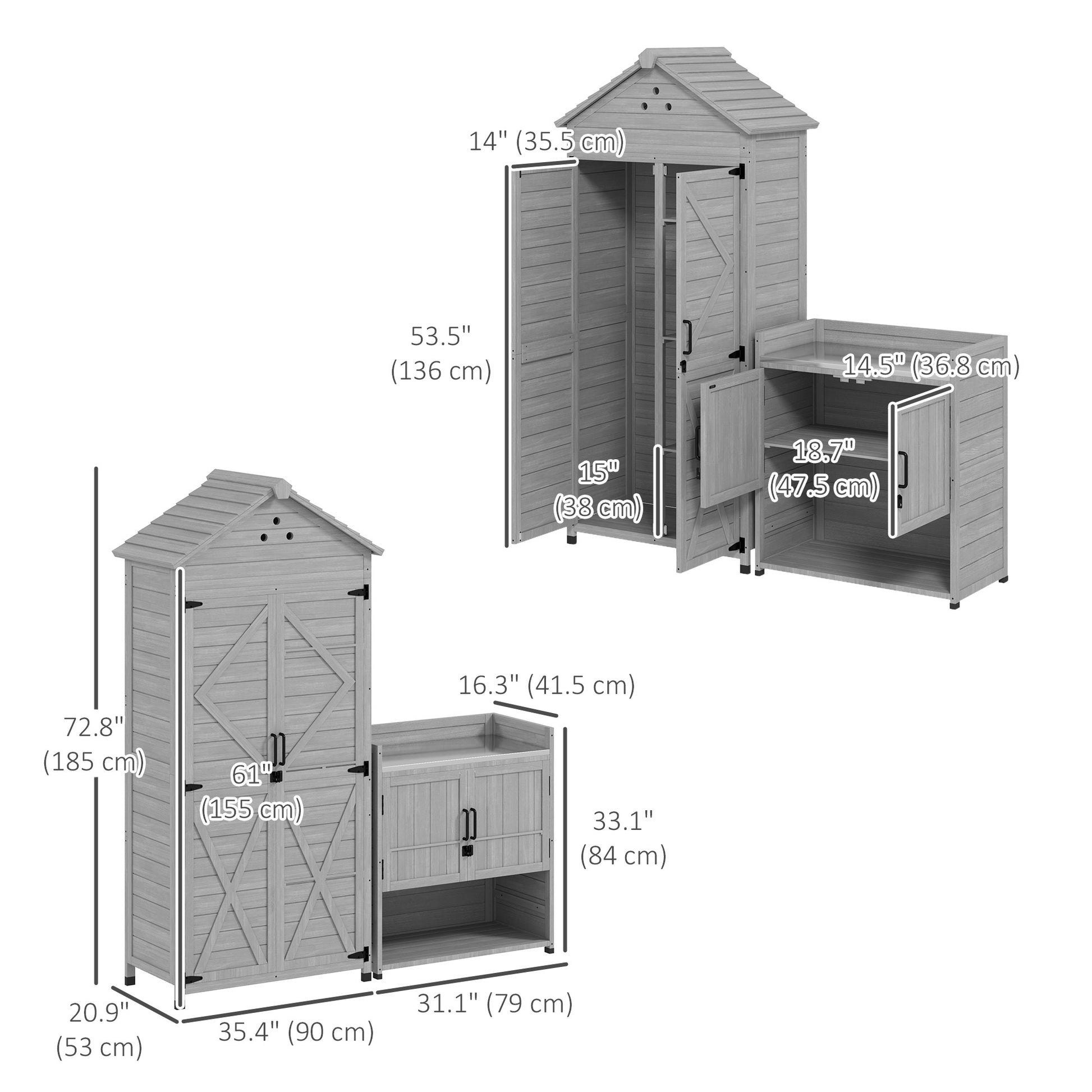 2-in-1 Outdoor Storage Cabinet, Wood Garden Shed with Shelves, Vent Holes, Foot Caps for Backyard, Patio, Lawn