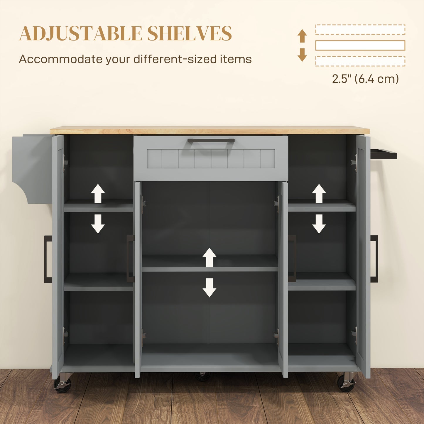 Modern Rolling Kitchen Island Cart with Drawers, Natural Wood Top, Towel Rack, Door Storage Cabinet, Grey
