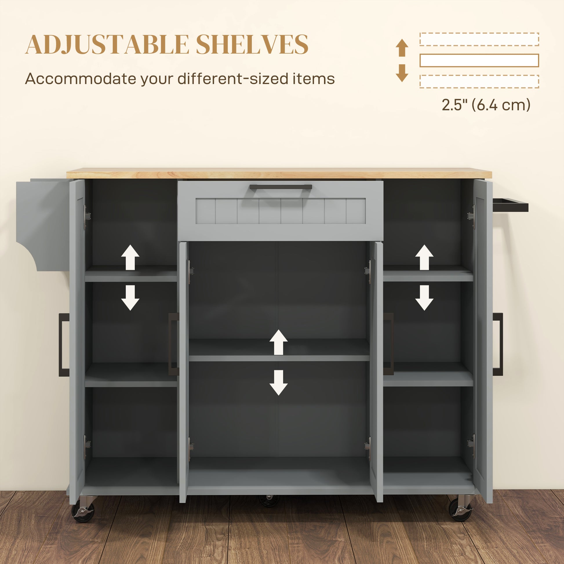 Modern Rolling Kitchen Island Cart with Drawers, Natural Wood Top, Towel Rack, Door Storage Cabinet, Grey
