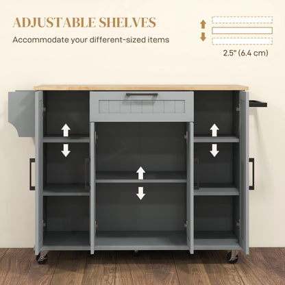 Modern Rolling Kitchen Island Cart with Drawers, Natural Wood Top, Towel Rack, Door Storage Cabinet, Grey