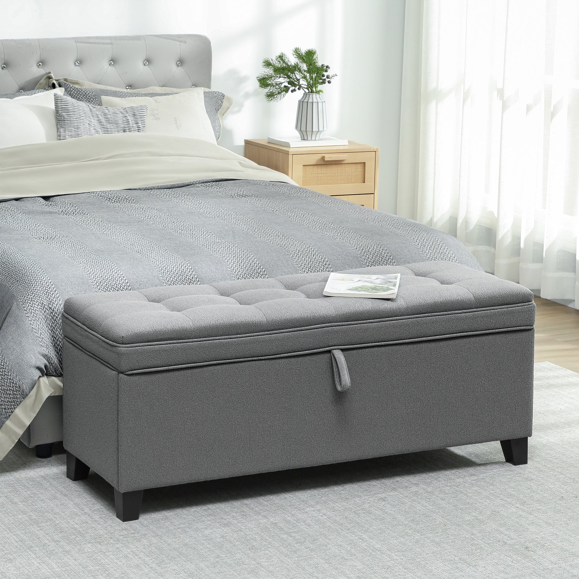 Storage Ottoman Bench, Foot Rest with Safety Hinges, 47 Inches Linen Storage Chest for Living Room, Dark Grey