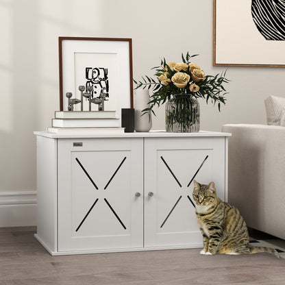 Hidden Cat Litter Box Enclosure with Double Doors, Hole, Pet House Side End Table, 31.5" x 19" x 20", White