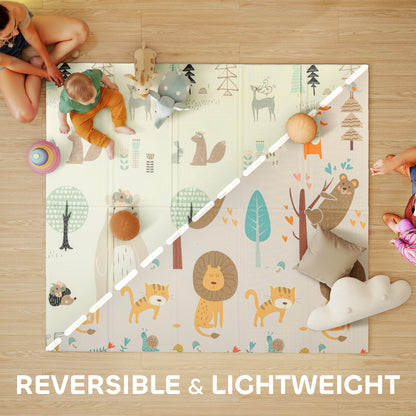Qaba Double Sided Baby Play Mat, Reversible & Waterproof Foldable Crawling Mat, Animal Theme