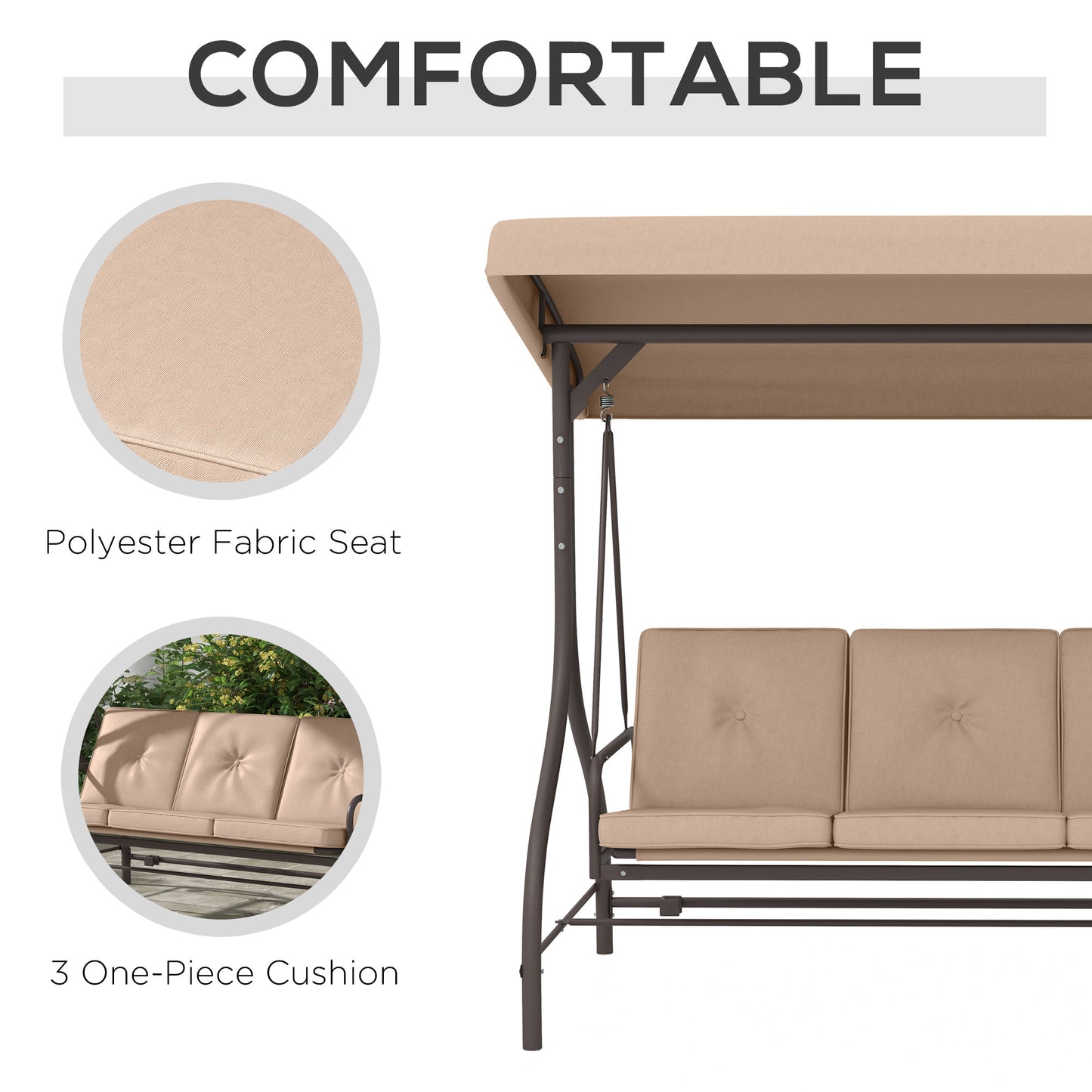 Convertible Patio Swing Bed with Canopy and Cushions, 3 Seater Porch Swing for Outdoor, Backyard, Garden, Khaki