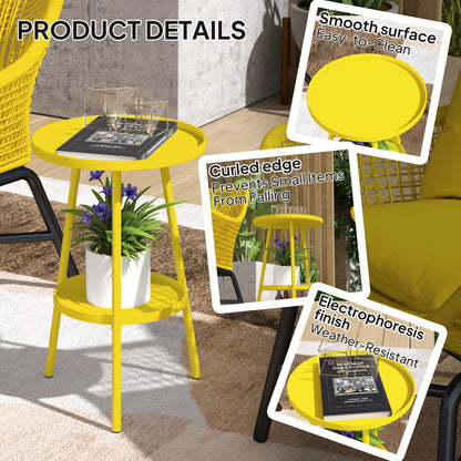 Round Garden Table, 2-Tier Small Side Table, Metal Patio Table Coffee Table Dining Table, Yellow