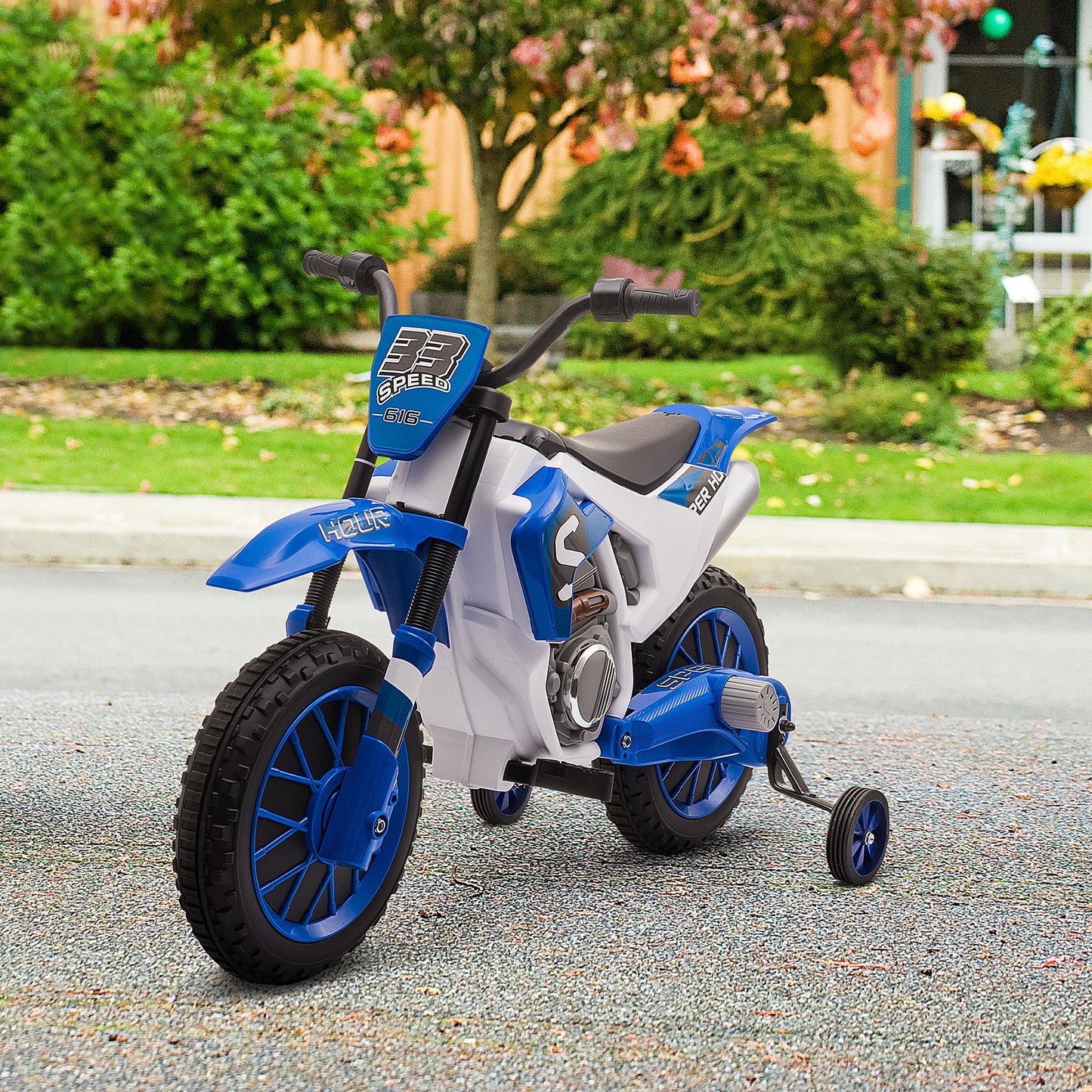 Aosom Kids Dirt Bike 12V Battery-Powered Ride-On Electric Motorcycle with Charging Battery, Training Wheels Blue