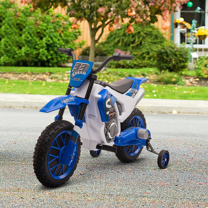 Aosom Kids Dirt Bike 12V Battery-Powered Ride-On Electric Motorcycle with Charging Battery, Training Wheels Blue