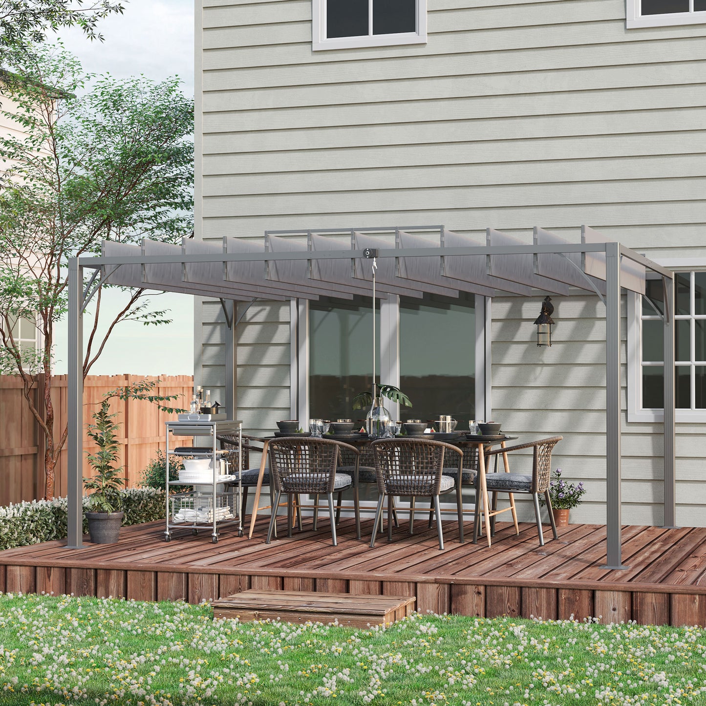 12.8' x 9.7' Louvered Pergola with Retractable Roof, Metal Pergola for Lawn Garden Patio, Grey