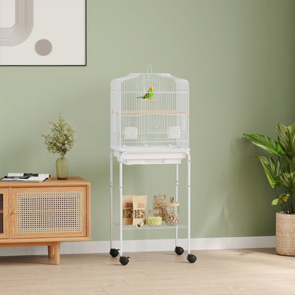 49" Rolling Bird Cage Cockatoo House Play Top Finch Pet Supply with Storage Shelf, Wheels - White