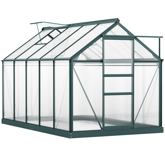 6' x 10' x 6.6' Polycarbonate Greenhouse, Walk-In Green House Kit Garden, Plants Grow, Galvanized Sheet Aluminum Frame with Rain Gutter, Vents and Sliding Door, Green