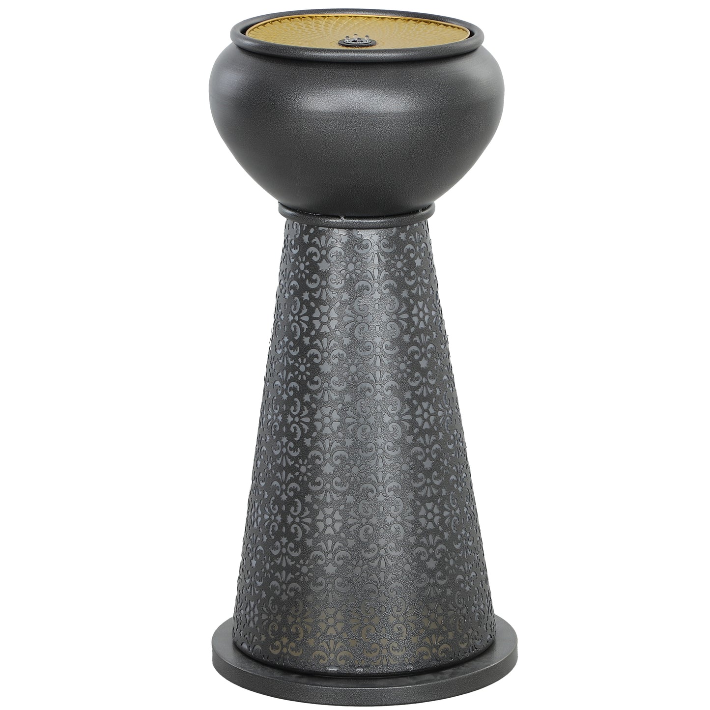 28" Tall Outdoor Water Fountain with LED Lights, Bowl Garden Waterfall Fountain with Adjustable Flow, Outdoor Water Feature with Cut-out Floral Base, Dark Grey and Yellow