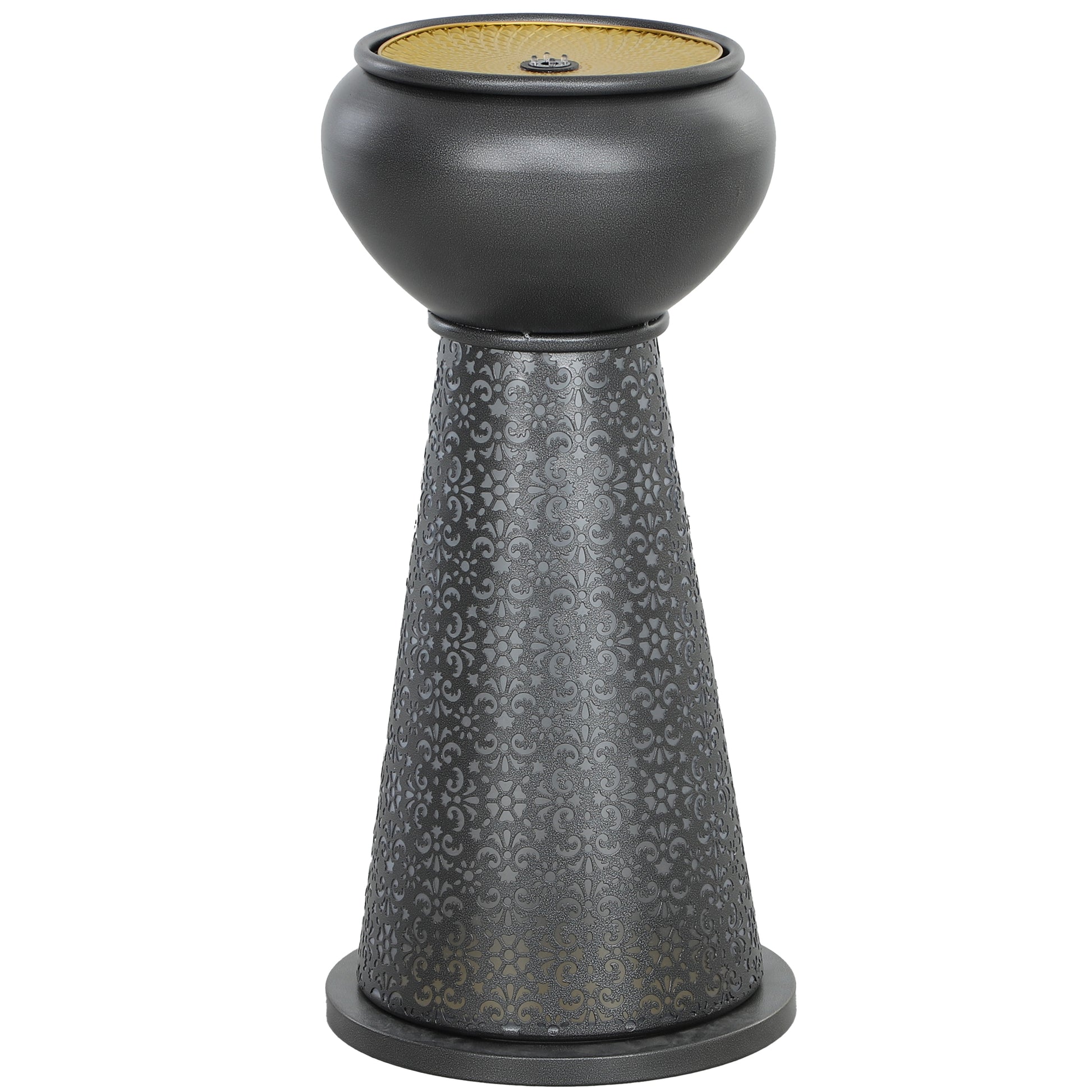 28" Tall Outdoor Water Fountain with LED Lights, Bowl Garden Waterfall Fountain with Adjustable Flow, Outdoor Water Feature with Cut-out Floral Base, Dark Grey and Yellow
