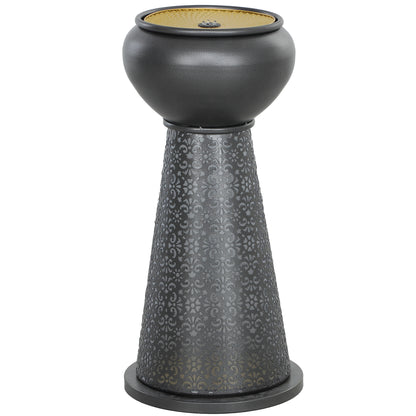 28" Tall Outdoor Water Fountain with LED Lights, Bowl Garden Waterfall Fountain with Adjustable Flow, Outdoor Water Feature with Cut-out Floral Base, Dark Grey and Yellow