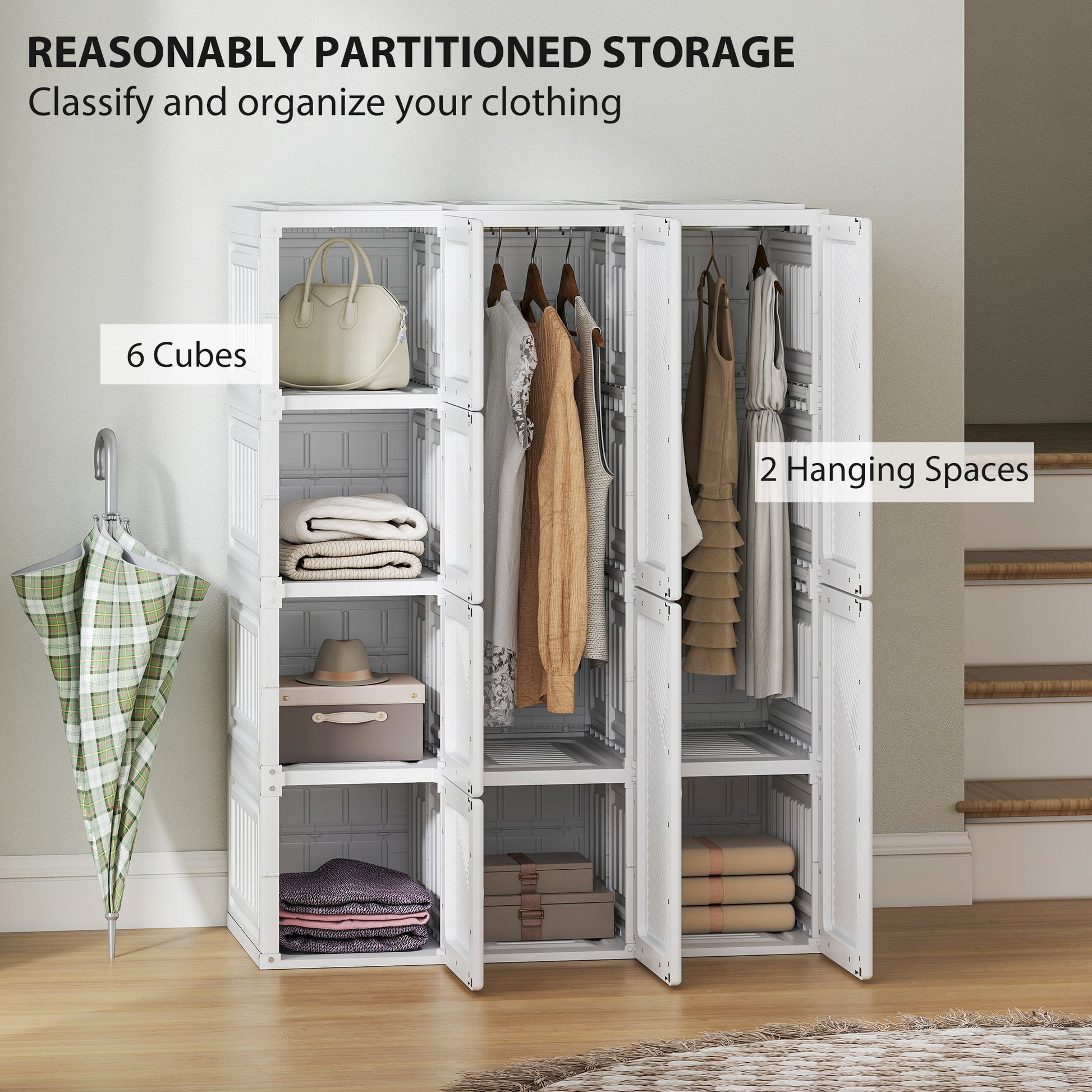 Portable Wardrobe, Foldable Plastic with 8 Compartments, 2 Hanging Rods and Magnetic Doors, White