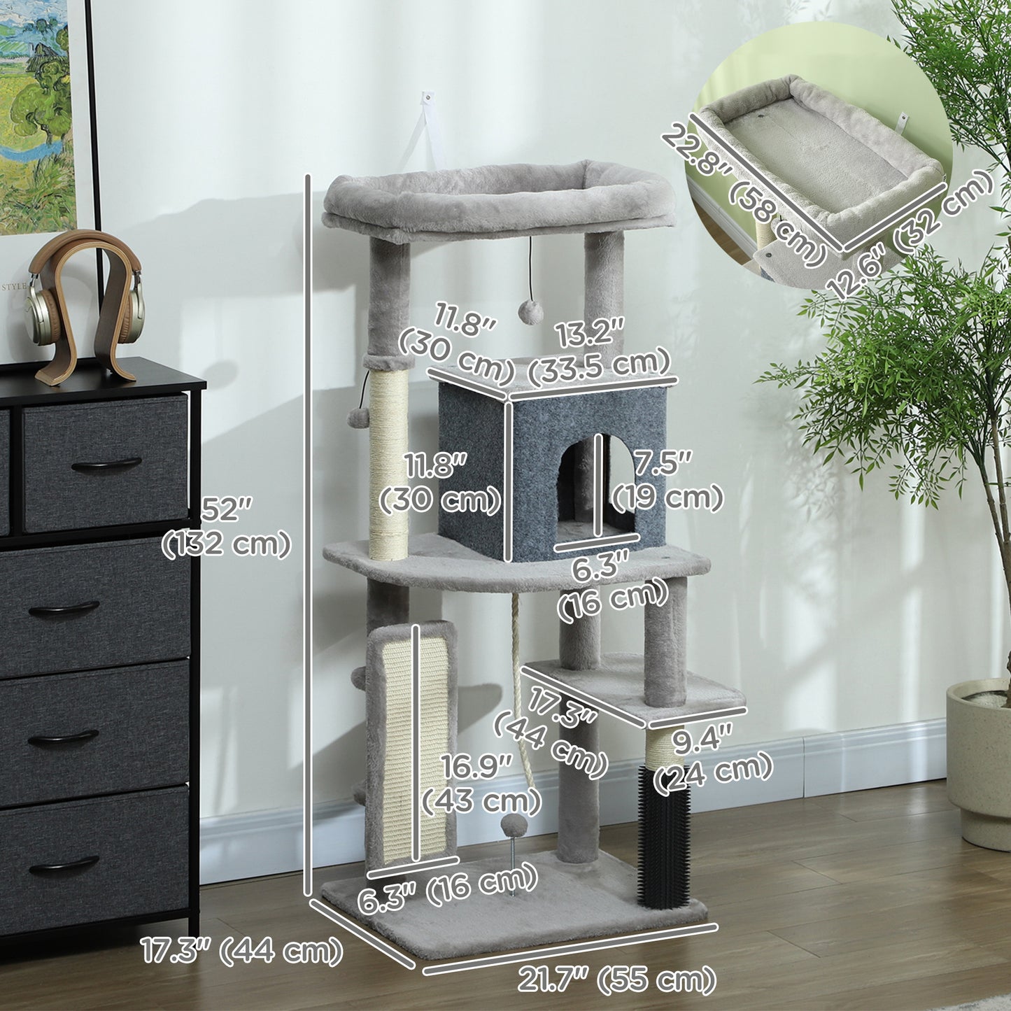 52 Inch Cat Tree with Scratching Posts, Cat Bed, Condo, Grooming Brush, Jumping Platforms, Toy Balls, Anti-tip Kit