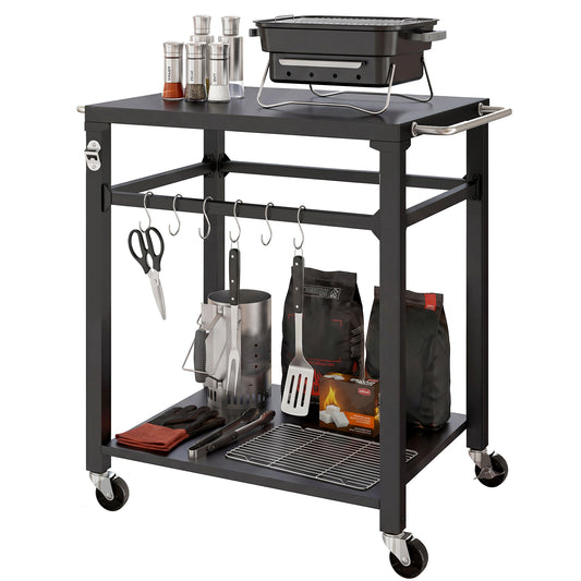 Outdoor Grill Cart, Pizza Oven Stand with Steel Top, 2-Tier Kitchen Prep Station with Hooks, Handle, Wheels, Black