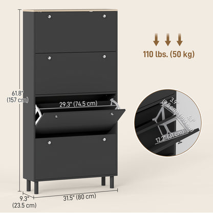 Narrow Shoe Cabinet with 4 Flip Drawers, Shoe Storage Cabinet with Adjustable Shelves, Holds 24–32 Pairs, Black