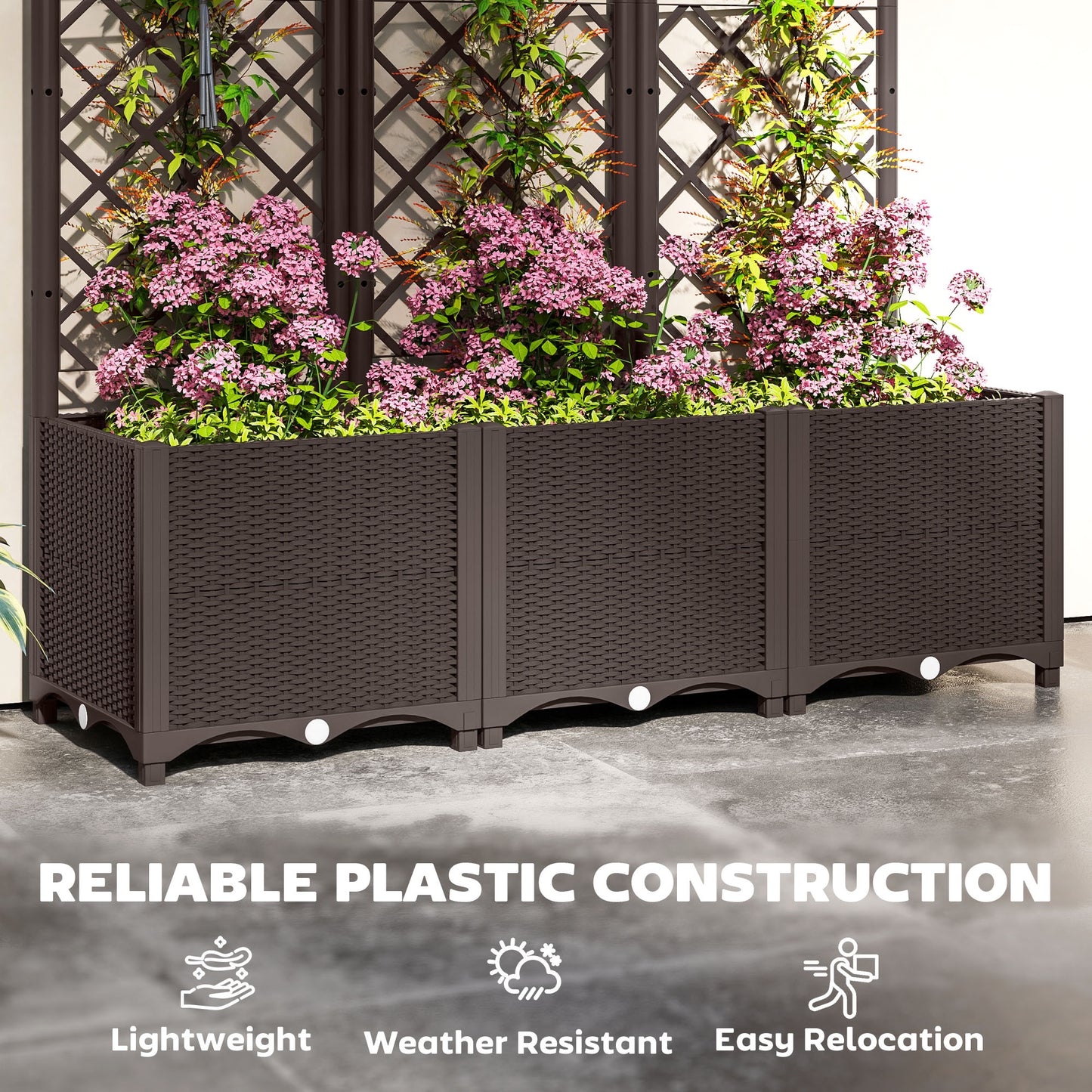 Raised Garden Bed with Trellis, Plastic Raised Flower Bed with Drainage Holes and Drain Plugs