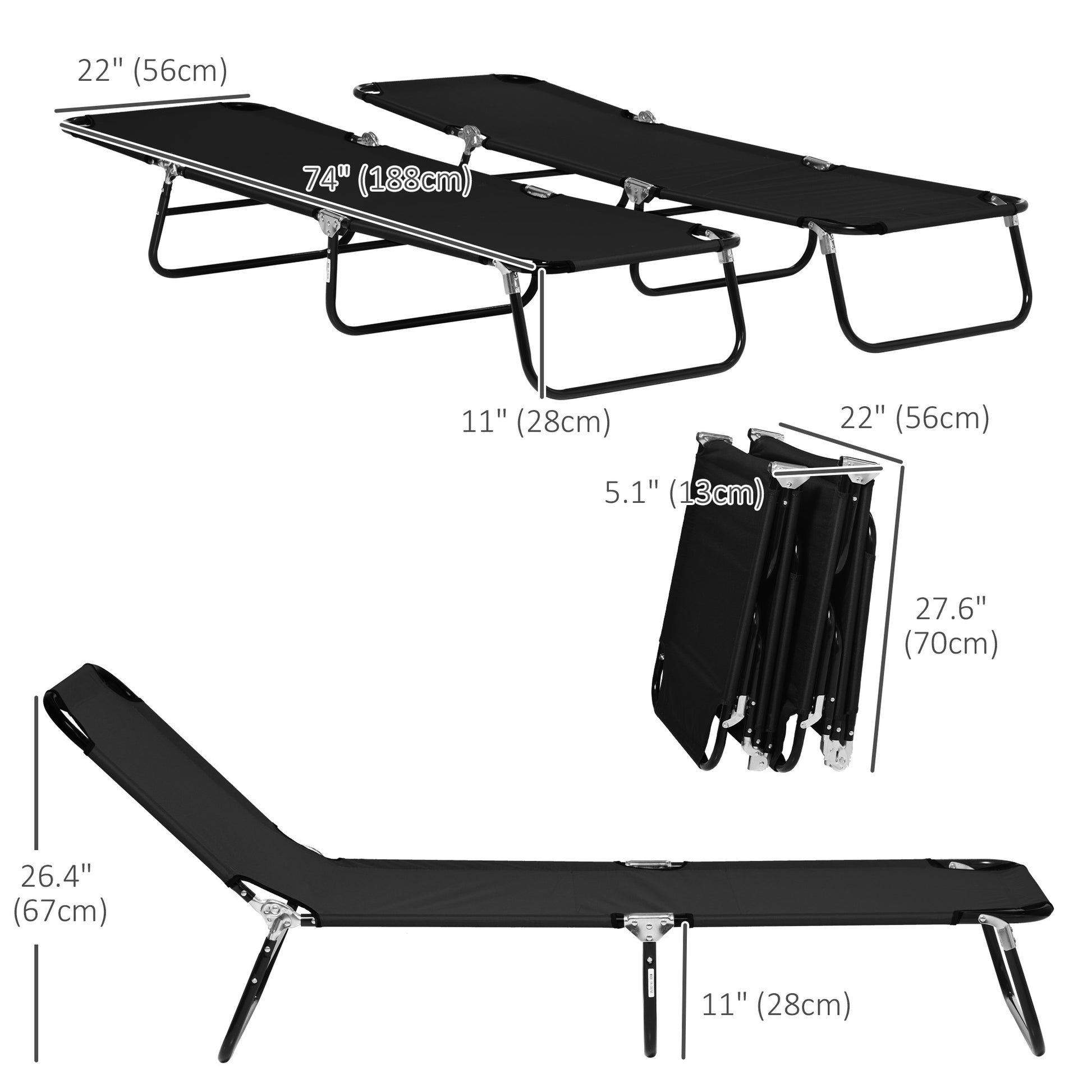Set of 2 Folding Outdoor Lounge Chair, Sun Tanning Chairs with Reclining Back, Breathable Mesh for Beach Patio, Black