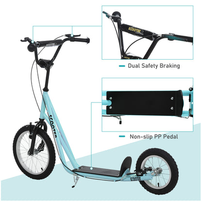 Aosom Youth Kick Scooter with Adjustable Handlebar and 16'' Inflatable Rubber Wheel for Kids and Teens 5+ Year Old, Blue
