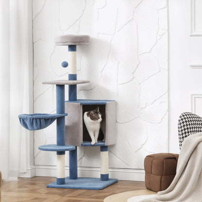 48" Modern Cat Tree with Condo, Hammock, Perch, Sisal Scratching Posts, Toy Ball, for Indoor Cats, Blue and Grey