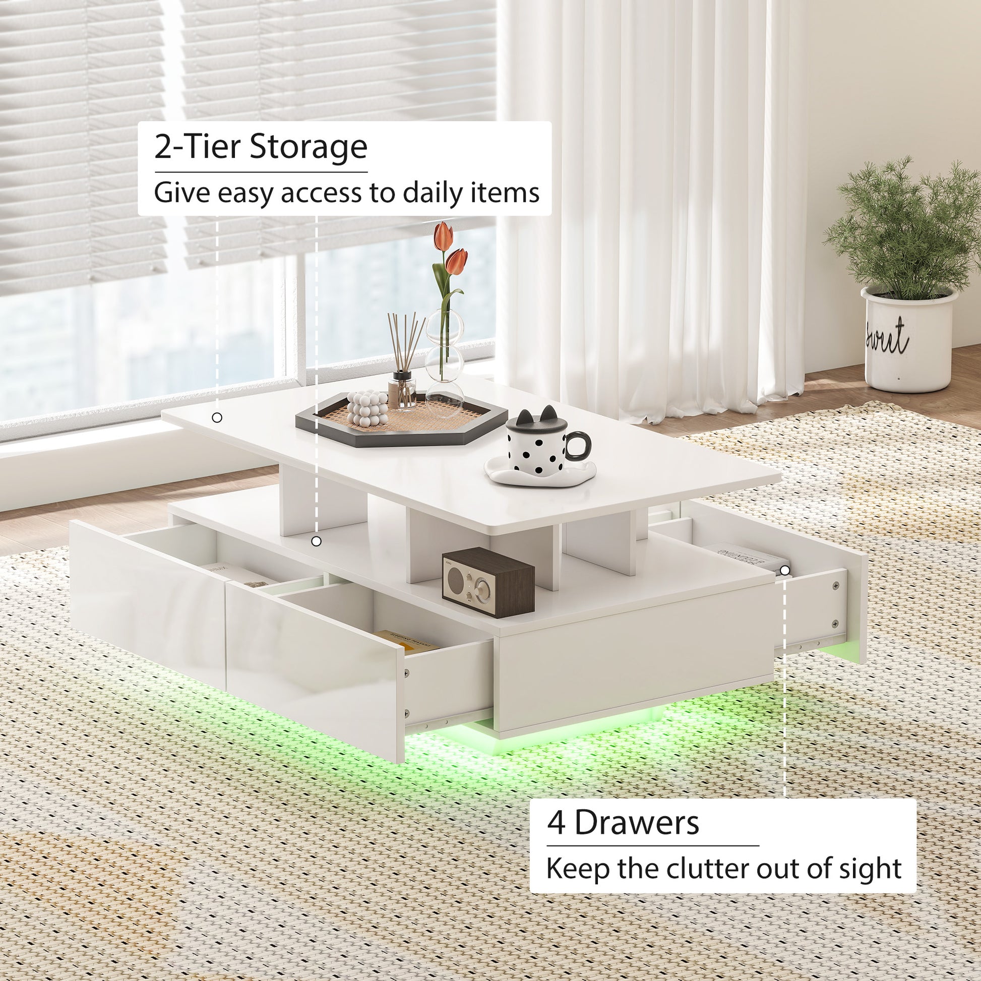 Coffee Table with RGB LED Lights, Modern Living Room Table with 4 Drawers, Open Shelf, Remote Control, High Gloss White