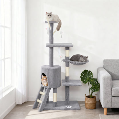 53" Cat Tree Tower, Kitten Activity Centre with Scratching Posts, Condo, Perches, Ladder, Hammock, Dangling Toys, Grey