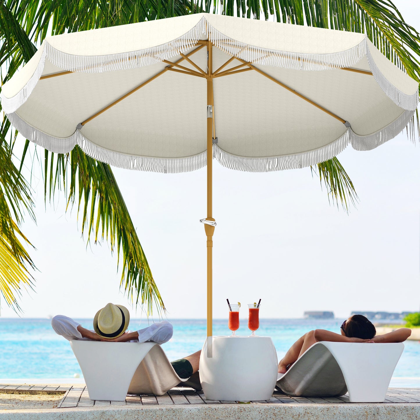 9FT Patio Umbrella Parasol, UPF 30+ Outdoor Market Umbrella with Crank, 8 Ribs, Push Button Tilt, Cream White