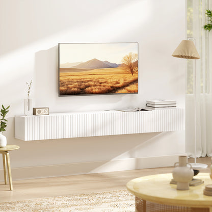 71" Floating TV Stand for TVs up to 72 Inch, Wall Mount Media Console with 2 Fluted Flip-Down Doors, Cable Hole, White