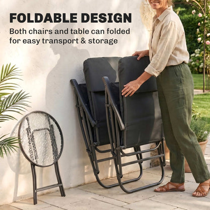 3pc Patio Foldable Rocking Chair Set, Outdoor Rocking Chairs and Table Bistro Set w/ Padded Seat, Headrest, Backrest for park, backyard, garden, Red