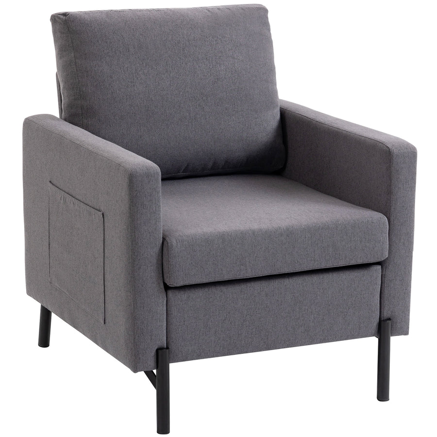 Accent Chair Modern Upholstered Armchair with Side Pockets and Cushion for Bedroom, Living Room, Dark Grey