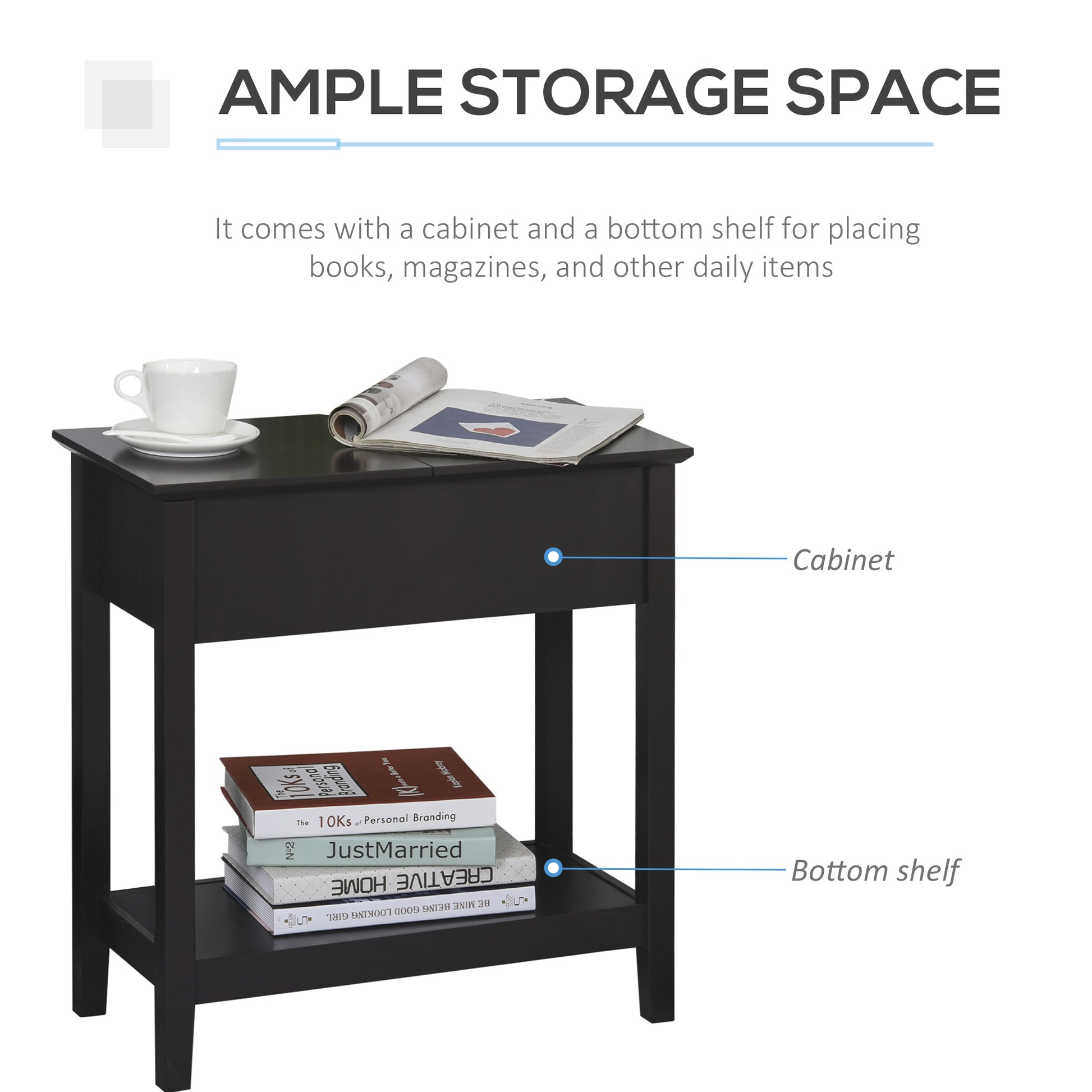 End Side Table in Flip Top Design with Cabinet and Bottom Shelf, Storage Furniture Decoration for Bedroom Living Room Office, Dark Coffee