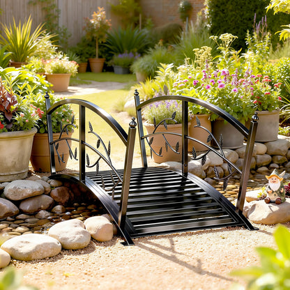 4 FT Metal Garden Bridge with Safety Railings, Outdoor Pond Bridge, Arch Decorative Footbridge for Creek Stream