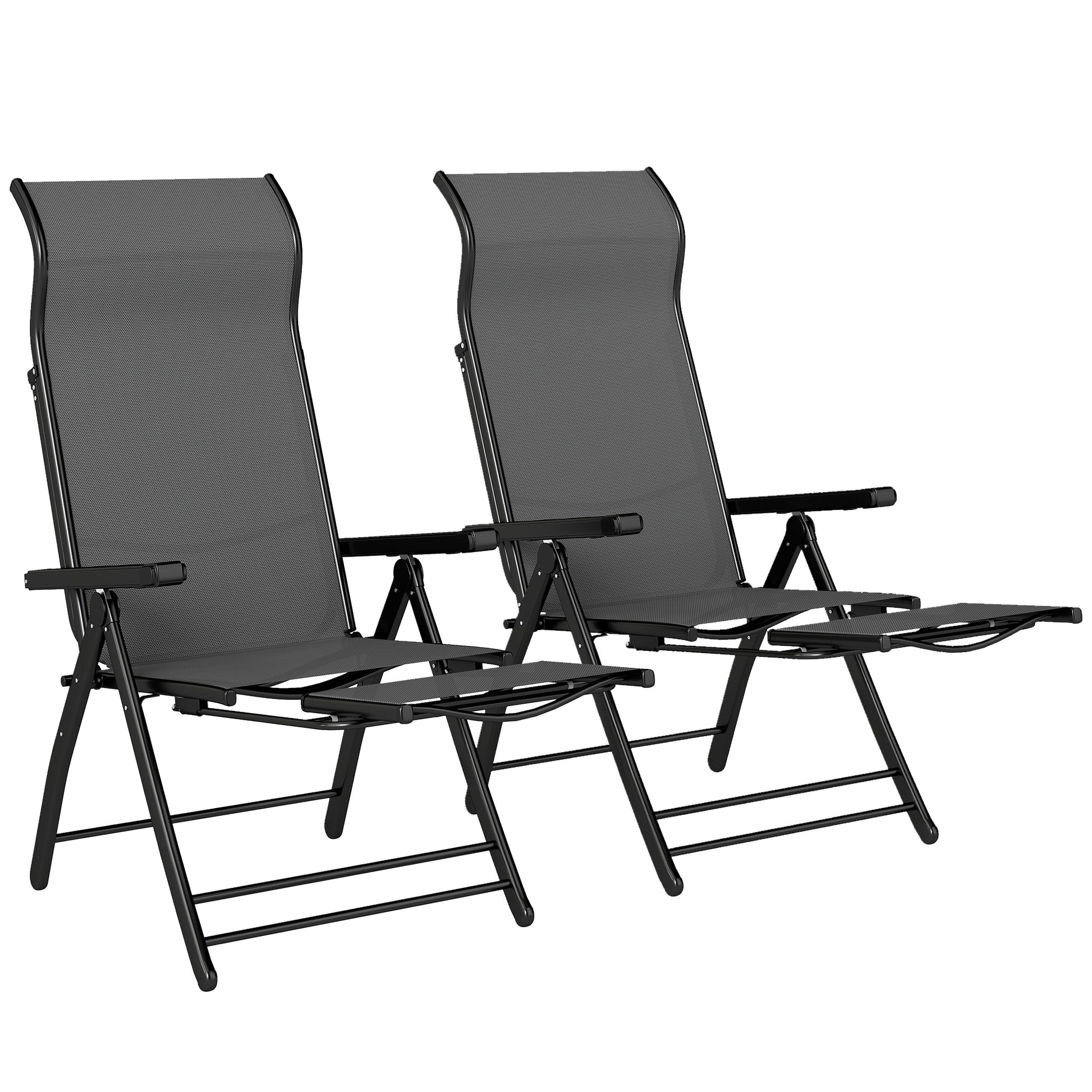 Folding Patio Chairs Set of 2, 5-Position Outdoor Lounge Chairs with High Back, Retractable Footrest, Dark Grey