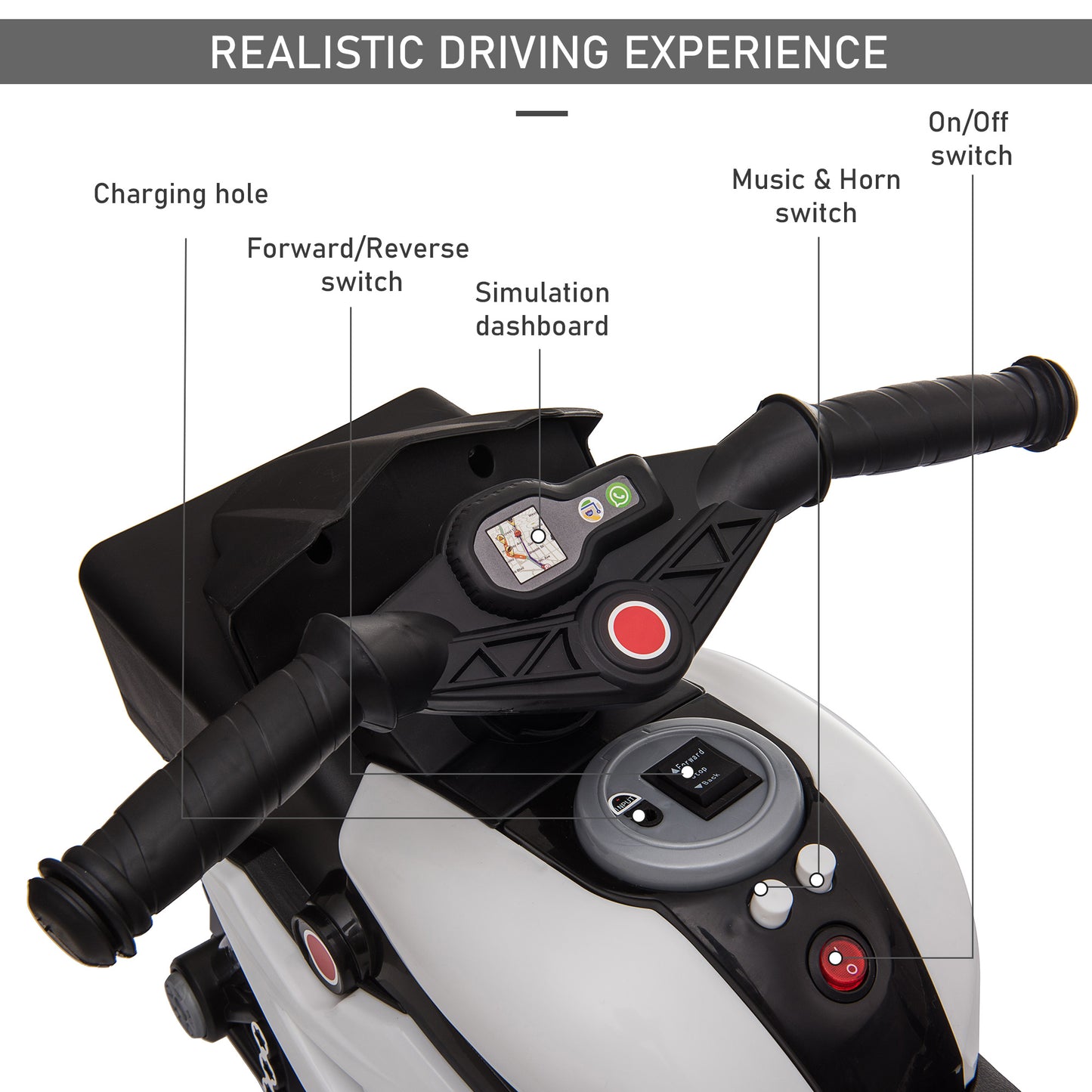Aosom Kids Electric Pedal Motorcycle Ride-On Toy 6V Battery Powered w/ Music Horn Headlights Motorbike for Girls Boy White