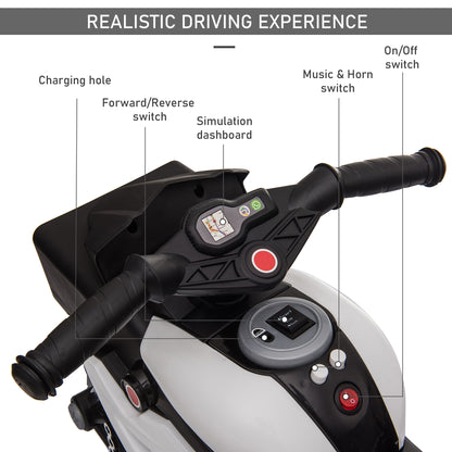 Aosom Kids Electric Pedal Motorcycle Ride-On Toy 6V Battery Powered w/ Music Horn Headlights Motorbike for Girls Boy White